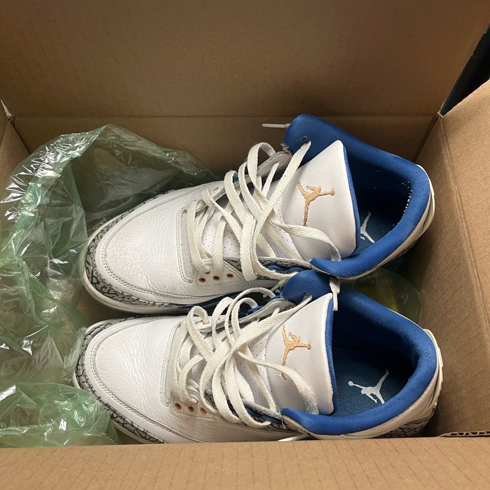 Jordan White Leather Sneakers with Blue Lining and Gold Jumpman